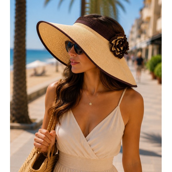 Straw Visor Hats - Foldable Accent With Matching Flowers - Natural - HT-5250NT